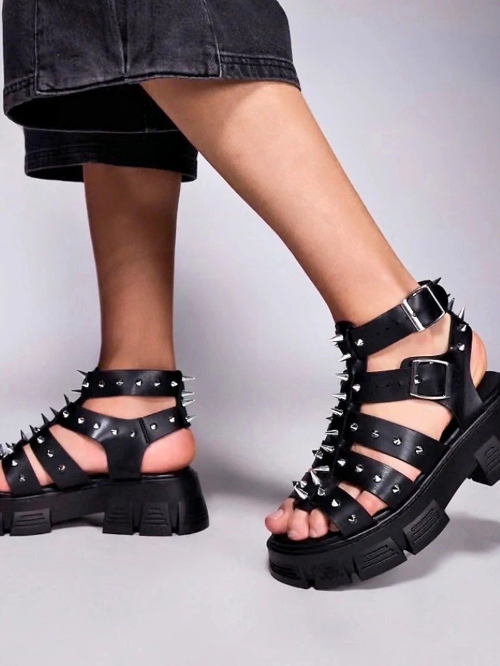MIDNIGHT HOUR Studded Platform Gladiator Sandals in Black Like New